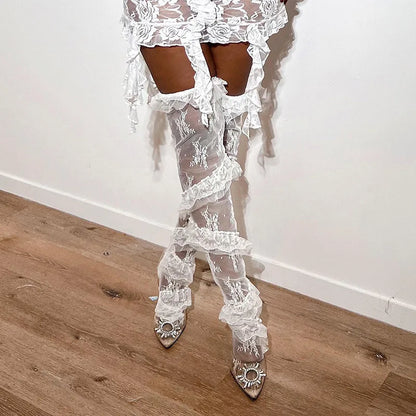 Halloween Women Floral Lace Thigh High Socks Multi Tier Ruffle Sheer Mesh Over Knee Stockings Cosplay Party Hosiery