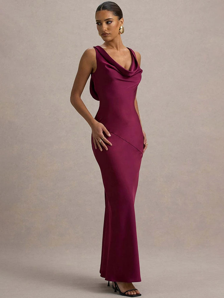 Satin Cowl Neck Backless Sexy Maxi Dress Women Gown Fashion Sleeveless Lace-up Bodycon Club Party Long Dress Female