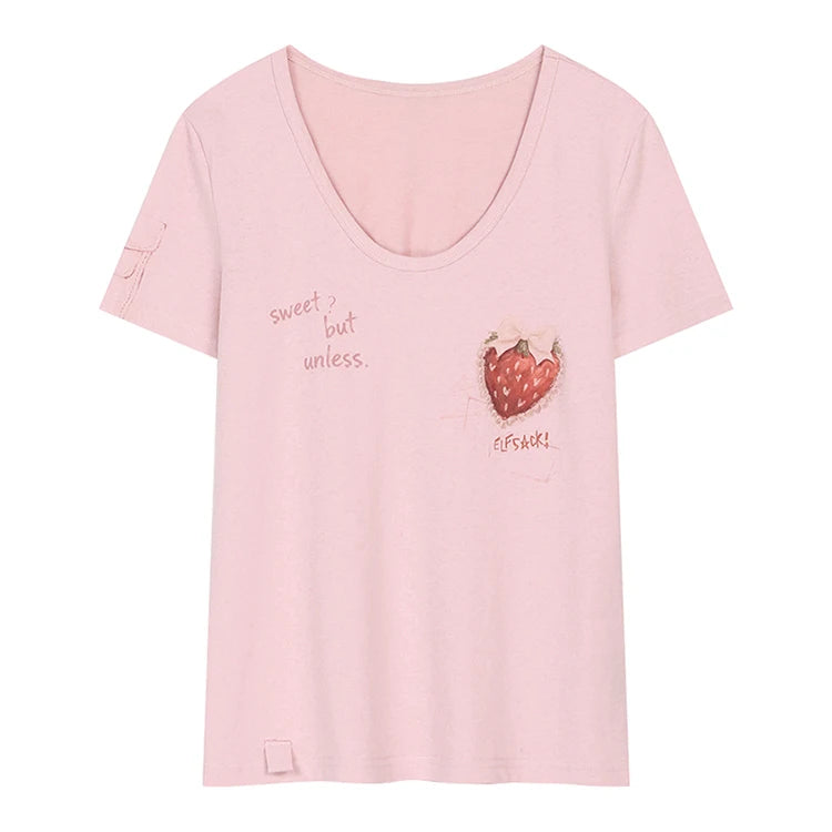Strawberry Print Loose Fit Graphic Tee, Punk Street Casual Knit T-Shirt, Sweet Cool Daily Top for Women