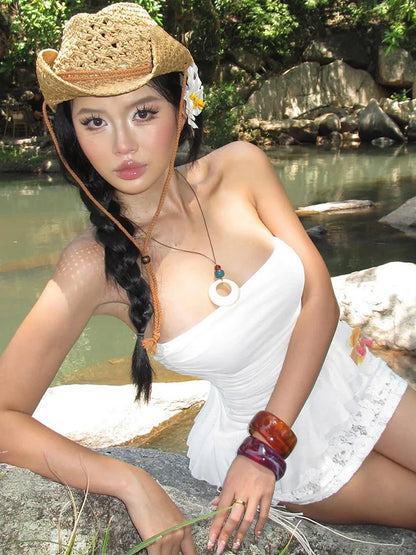 Ruched Strapless Tops Women Tierred Hem Skinny Sweet Beach Vacation Party Summer Trend Simple Classic Clubwear Vest