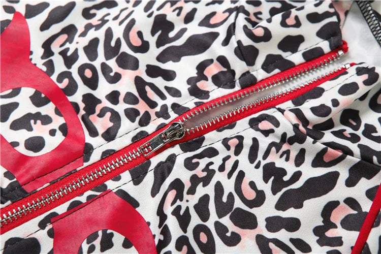 Leopard Letter Tracksuit Women 2 Piece Set Y2K Zip Crop Jacket+Metal Sash Leggings Sporty Matching Stretch Streetwear