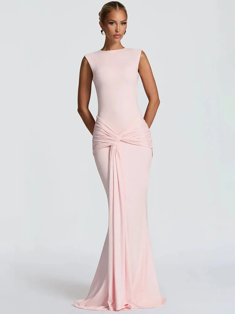 Backless Draped Ruched Sexy Maxi Dress Women Gown Elegant O Neck Sleeveless High Waist Skinny Club Party Long Dresses
