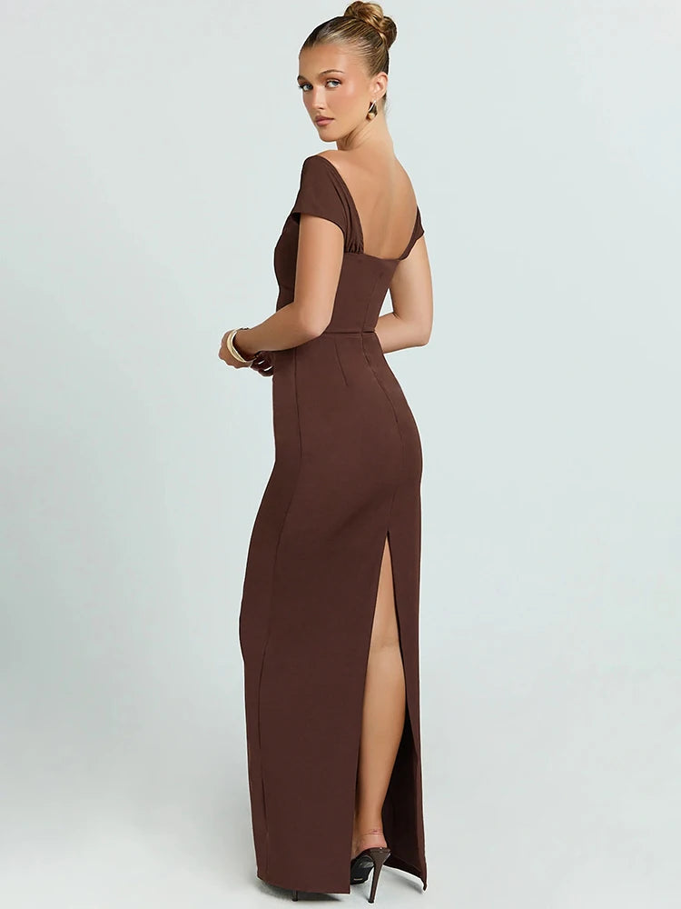 V Neck Short Sleeve Sexy Maxi Dress Women Elegant Off-shoulder Backless Back Split Bodycon Club Party Long Dress