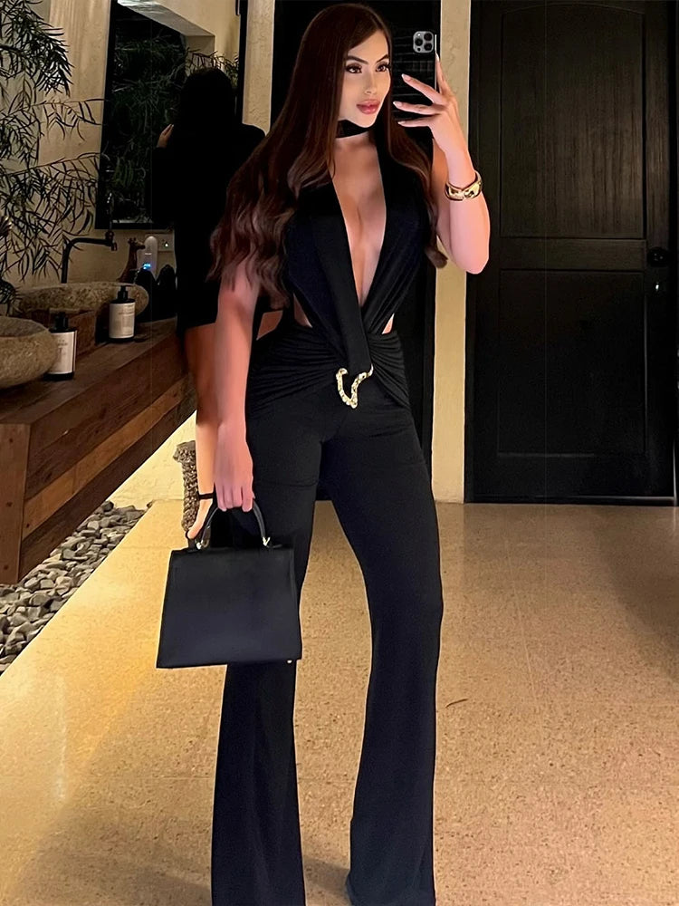 Sexy Waistless Jumpsuit Women Ruched Metal Cross Hollow Bandage Coquette Midnight Workout Hipster Stretch Overalls