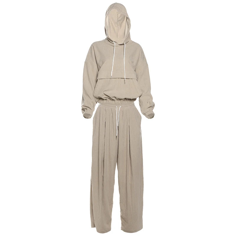 Ribbed Casual 2 Piece Set Women Hooded Classic Pullover+Wide-Leg Pants Street Trend Solid Sporty Tracksuit Outfits