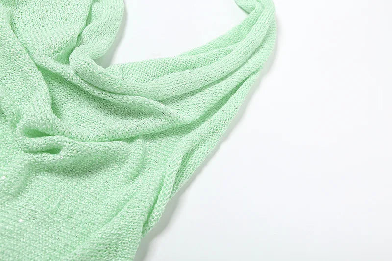 Sexy Knitted Summer Dress Woman 2025 Fake Two-piece Cowl Neck Backless Mini Dresses Resort Wear