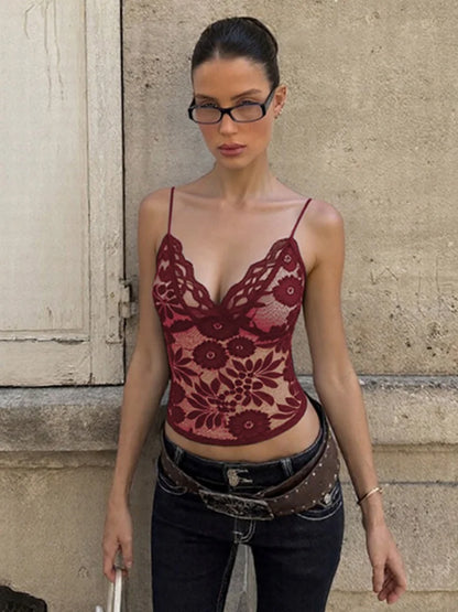 See Through Floral Lace Camisole Summer 2026 Deep V Neck Backless Crop Tops for Woman Sexy Clothing