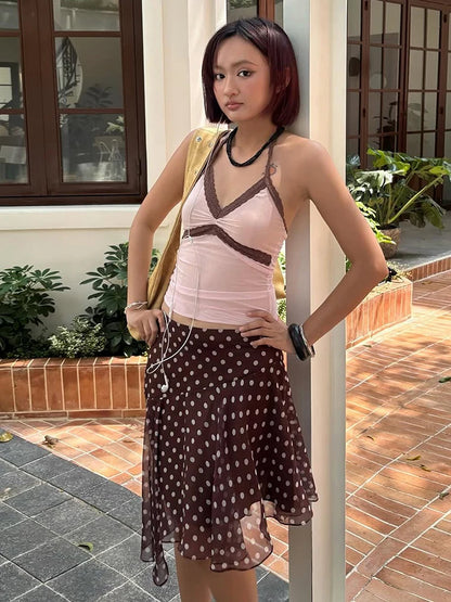 Chic Street 2 Piece Set Women Trend Line Patchwork Sleeveless Tank Top+Polka Dot Print Irregular Hem Skirt Party Suit