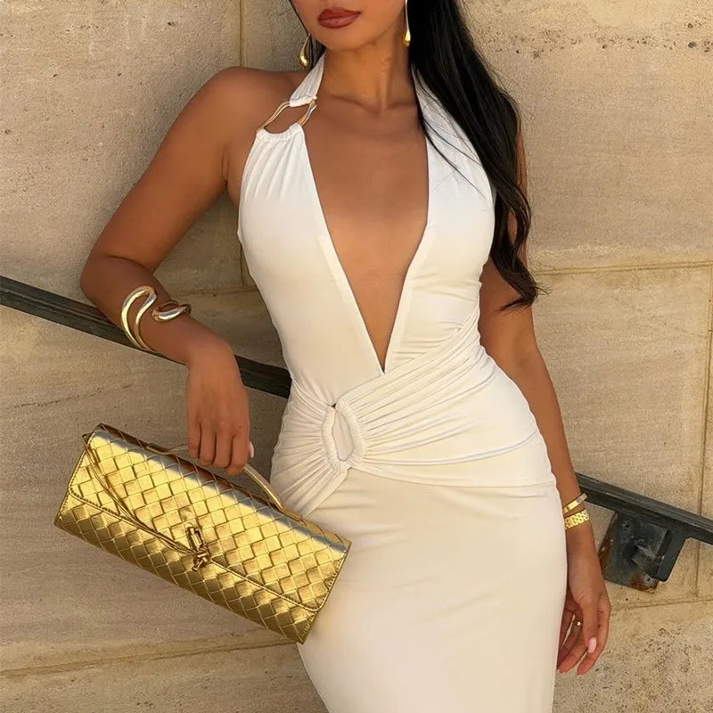 Deep V Neck Backless Long Dresses Women' S Clothes Sexy Summer White Bodycon Dress Party Outfits
