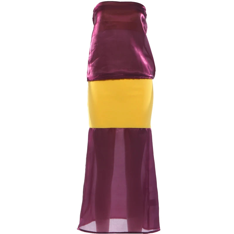 Sexy Color Blocking Dress Women Fashion Trend Bright Silk See Through Sleeveless Elegant Simple Party Street Bodycon