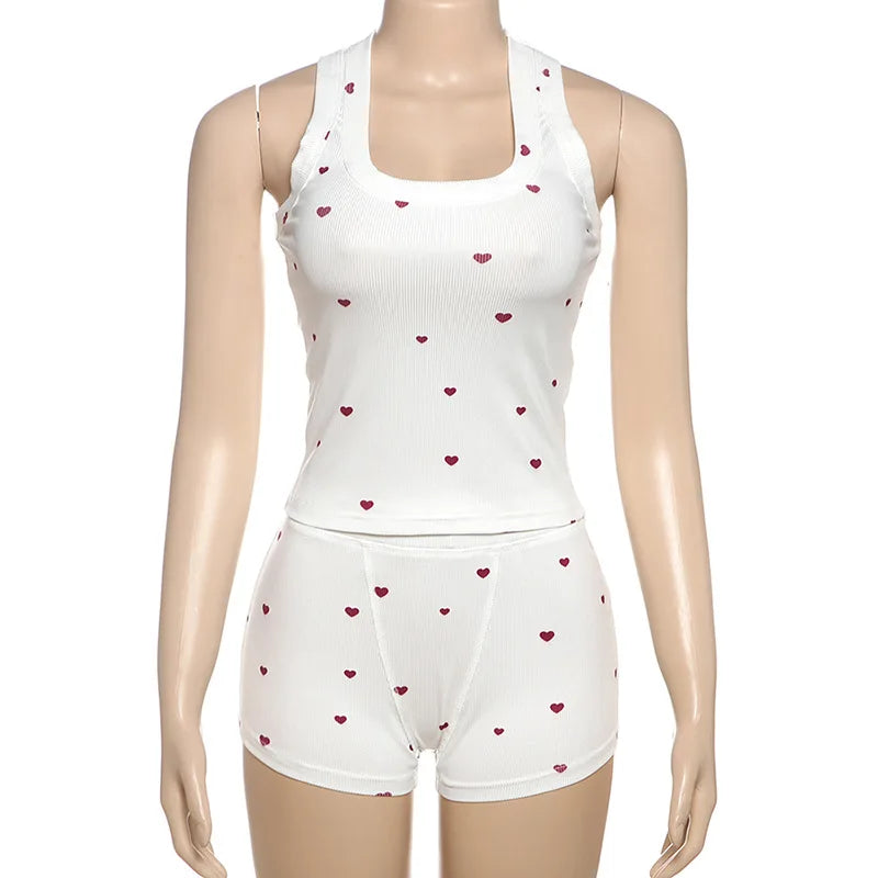 Casual 2 Pieces Set for Woman Outfit Love Printed Ribbed Tank Top and Shorts Cozy Loungewear Summer Clothes