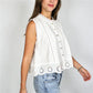 Bohemian Lace Eyelet Sleeveless Blouse Women Button Front Embroidery Cropped Top White Pink Blue Casual Cottage Shirt