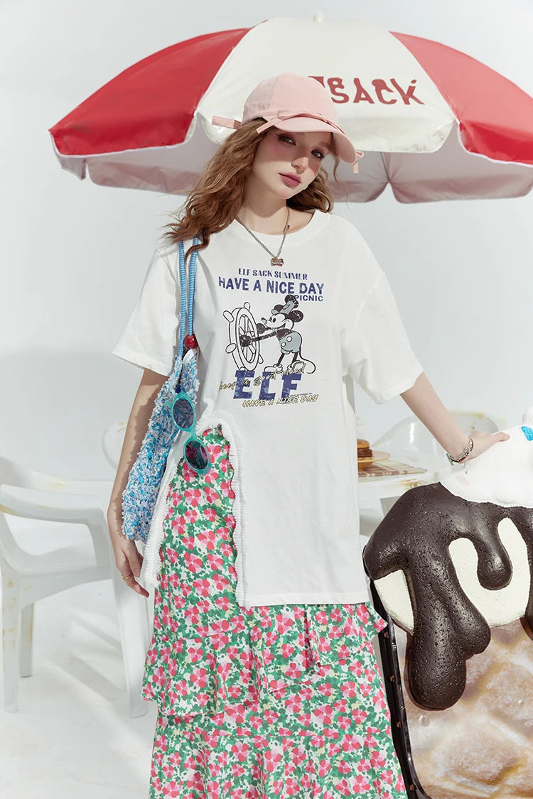 Lavender Oversized Print Ruffle Slit T-Shirt for Women