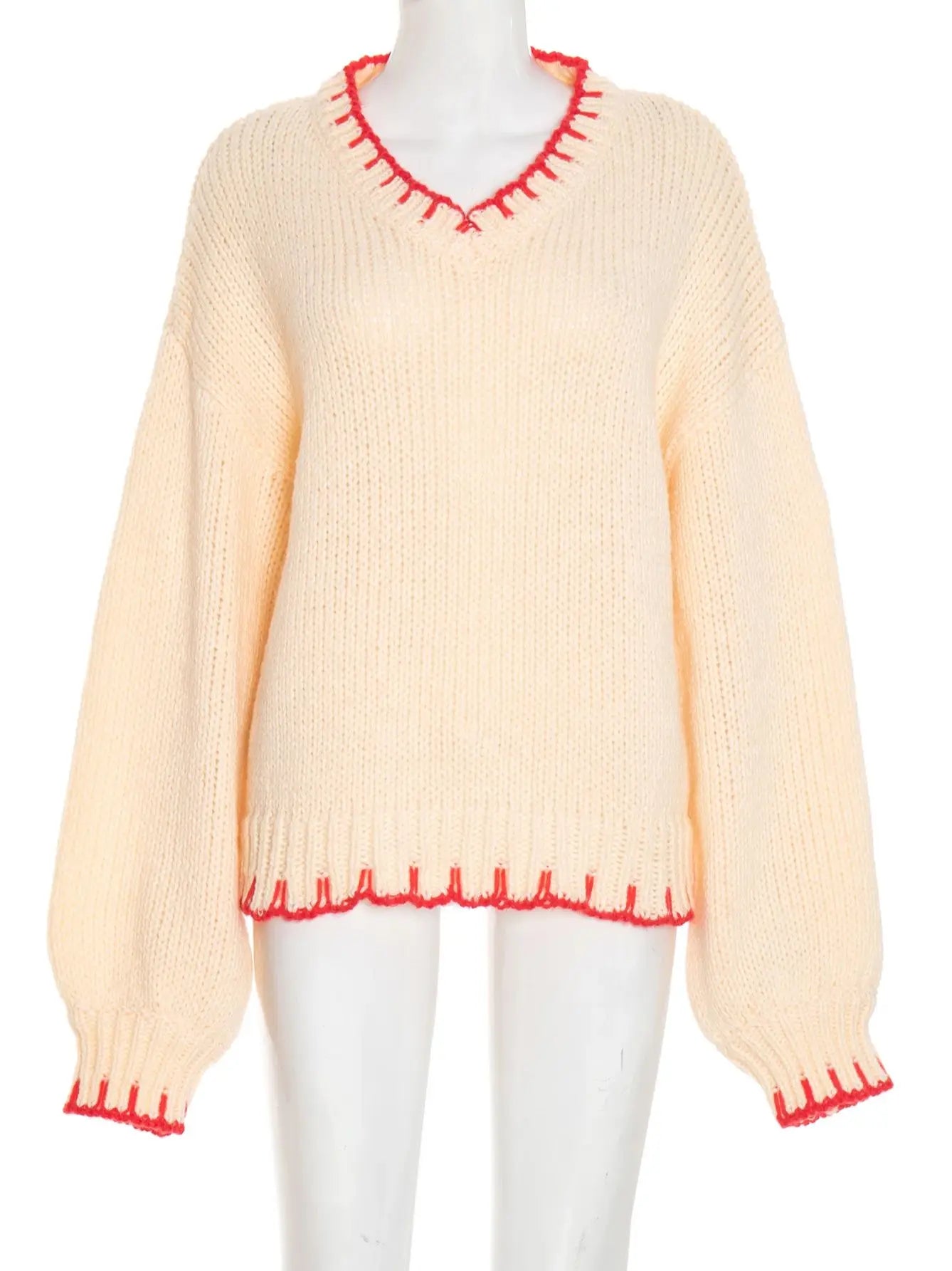 Basic Daily Sweater Women Patchwork V-Neck Full Sleeve Elastic Casual Simple Christmas Streetwear Classic Pullover