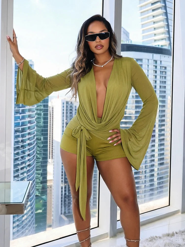 Hottie Backless Dress Women Fashion Swing Collar Bandages Mesh Patchwork Puff Sleeve Sexy Street Party Club Playsuits