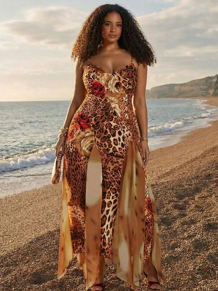 Patchwork Colorful Leopard Print Dress Women Fashion Hottie Irregular Hem Low-Neck Trend Wild Vacation Party Clubwear