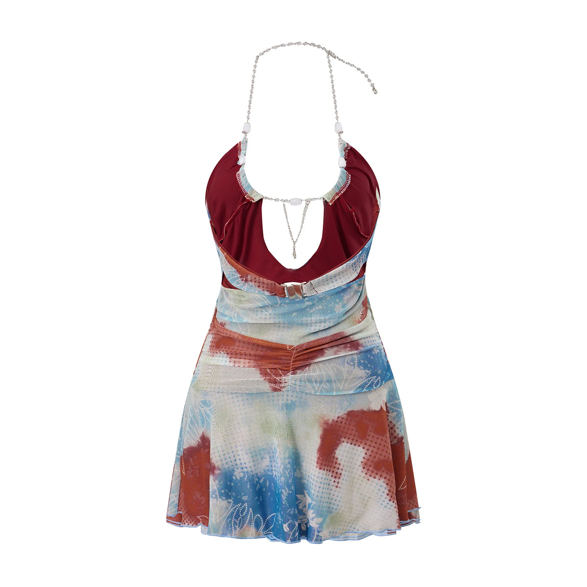 Sexy Floral Print Halter Cutout Mini Dress for Women Backless Bodycon with Beaded Chain Summer Beach Party Outfit