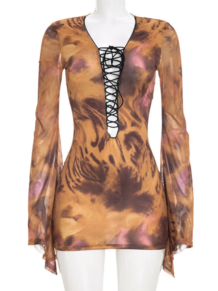 Women Mesh Bodycon Sexy Mini Dress Long Flare Sleeve Deep V Neck Leopard Print Irregular Hem Party Night Club Dresses
