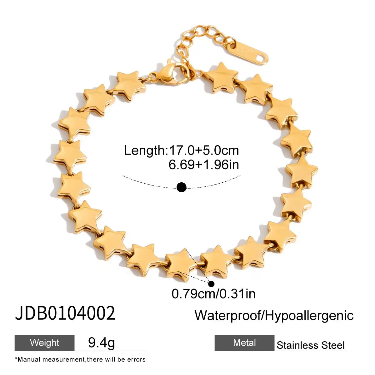 Zircon Star Metal Chain Bracelet Bangle Gold Plated Stainless Steel Watproof Summer Trendy Wrist Jewelry For Women