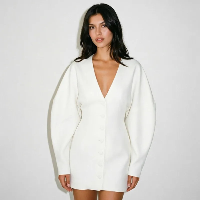 Button Up Deep V Neck Batwing Sleeves Mini Dress Fall Winter 2026 Women Clothing Elegant Dresses White Black