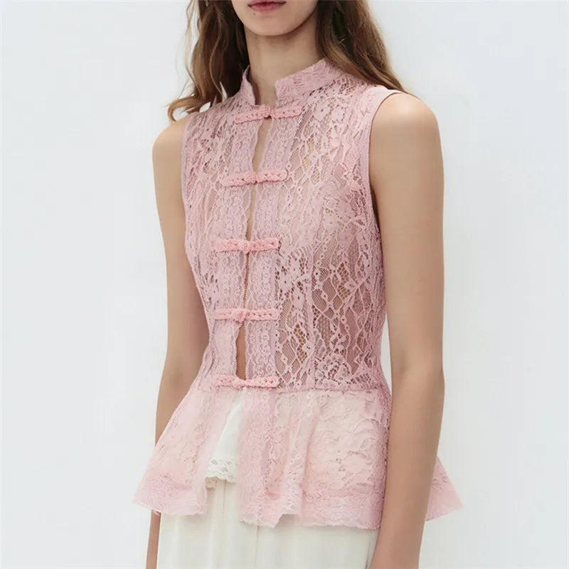 Sexy Semi Sheer Lace Sleeveless Top with Mandarin Collar and Frog Buttons Peplum Hem for Y2K Going Out Streetwear