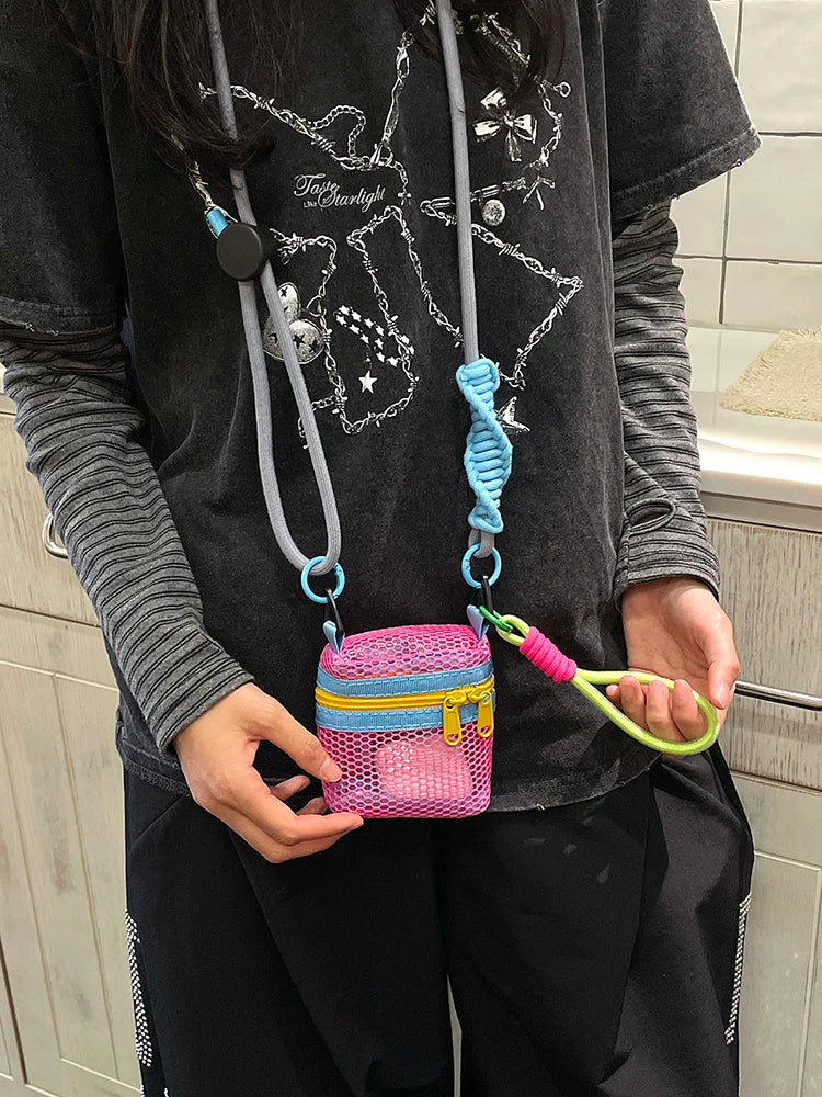 Colorful Mesh Crossbody Bag with Adjustable Strap, Zipper Mini Shoulder Pouch, Casual Streetwear Small Coin Purse for Wo