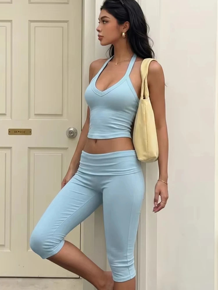 Haler Summer 2 Piece Set Women Fashion Backless Low-Neck Tank Top+Ruched Patchwork Capri Pants High Street Simple Suits