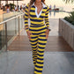 Sporty Striped 2Piece Set Women Lapel Single-Breasted Full Sleeve Crop Top+Elastic Waist Slightly Flared Pant Street Suit