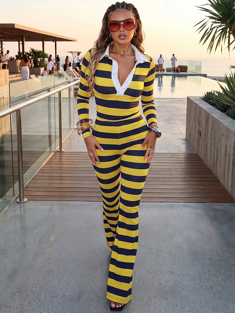 Sporty Striped 2Piece Set Women Lapel Single-Breasted Full Sleeve Crop Top+Elastic Waist Slightly Flared Pant Street Suit