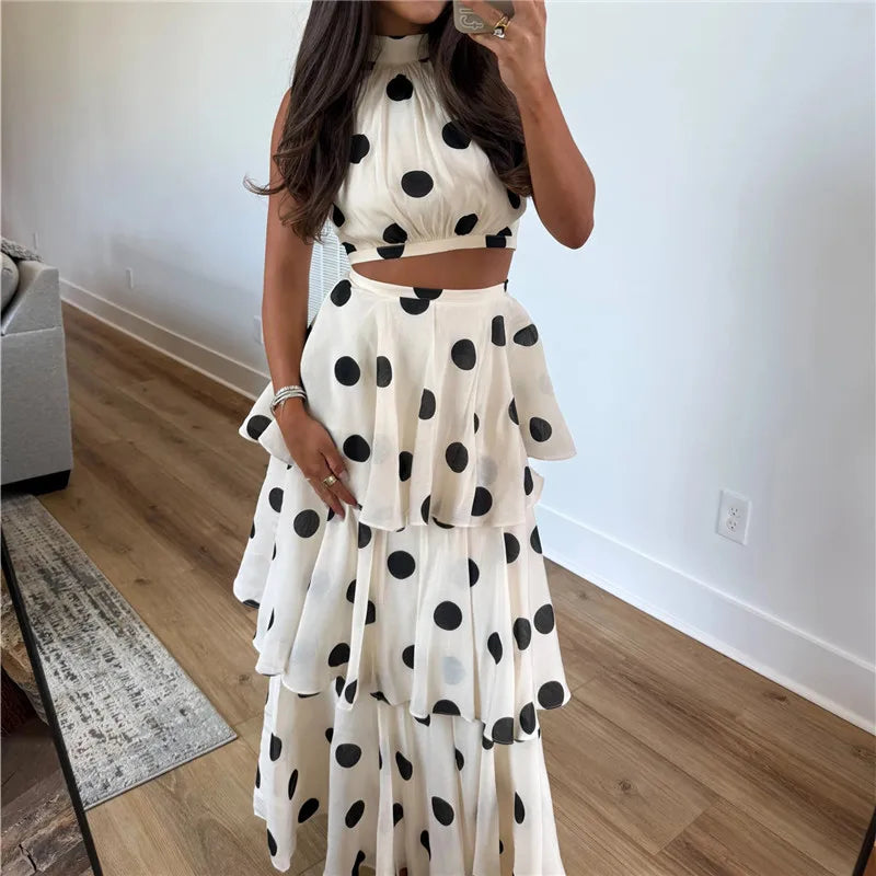 Vintage Polka Dot Halter Back Tie 2 Piece Matching Set Women Sleeveless Crop Top Tiered Layer Ruffle Long Skirt Summer