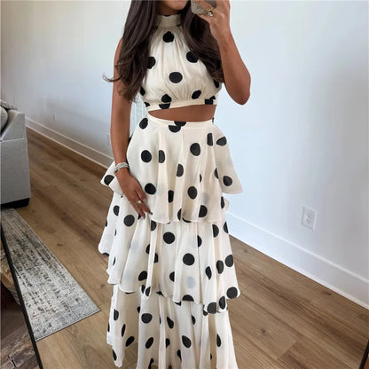 Vintage Polka Dot Halter Back Tie 2 Piece Matching Set Women Sleeveless Crop Top Tiered Layer Ruffle Long Skirt Summer