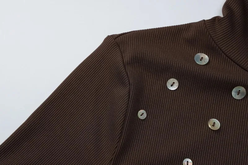 Shell Buckle Turtleneck Long Sleeve Top Brown Knit Tight Fitted T Shirts Fashion 2025 Autumn Clothes for Woman
