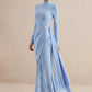 Women High Neck Long Sleeve Lace Sexy Maxi Dress Satin Drape Side Split Formal Evening Party Gown Wedding Guest Dress