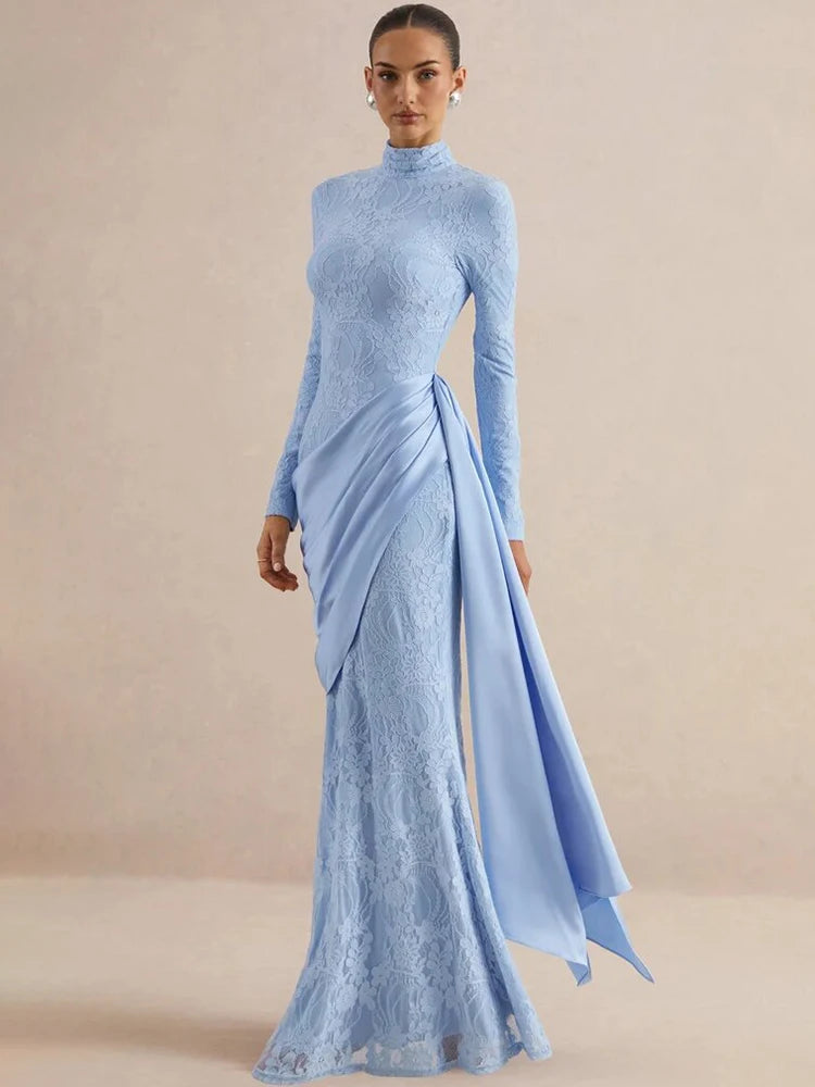 Women High Neck Long Sleeve Lace Sexy Maxi Dress Satin Drape Side Split Formal Evening Party Gown Wedding Guest Dress