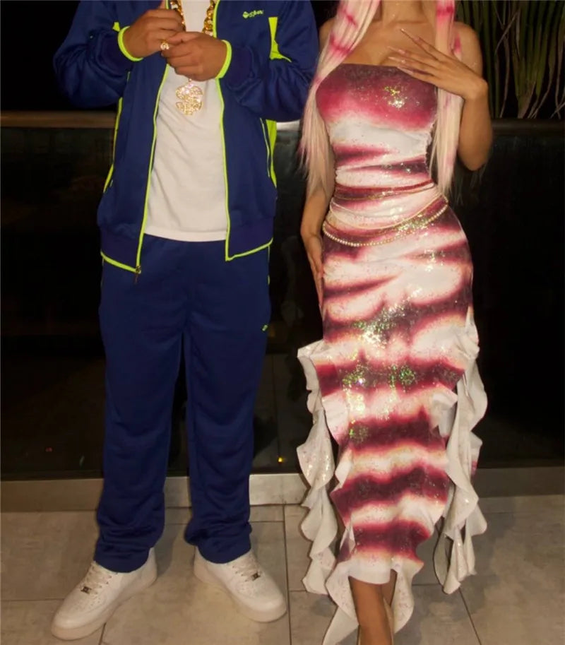 Halloween Shark Tale Costume Dress for Women Anime Sexy Sequin Tassel Hem Fish Strapless Tube Cosplay Maxi Dress