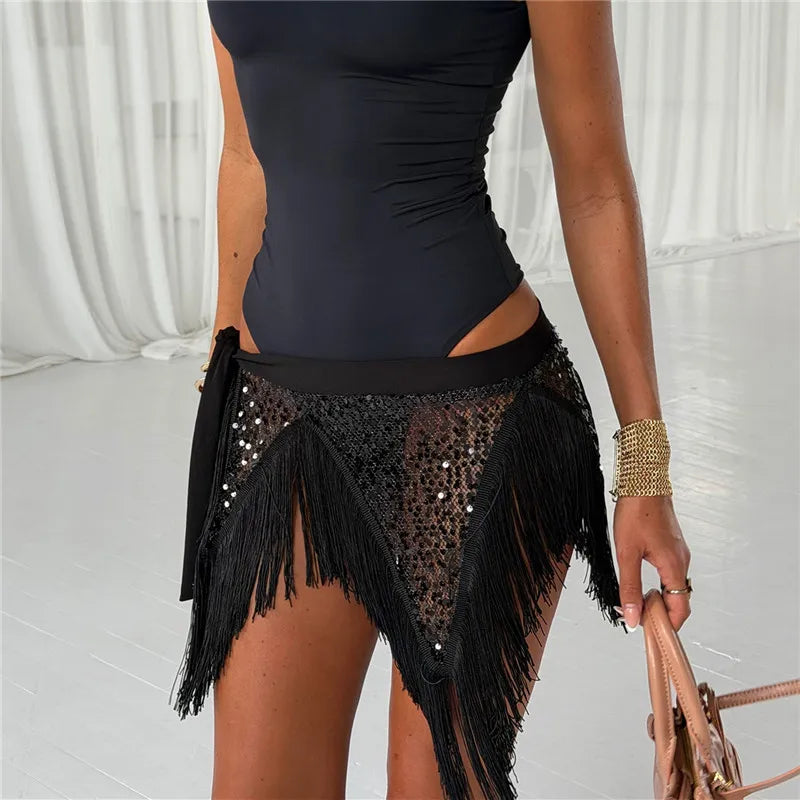 Sparkly Sequin Tassel Wrap Skirt Women Irregular Triangle Hem Side Tie Waist Skirt Rave Belly Dance Party Costume Outfit