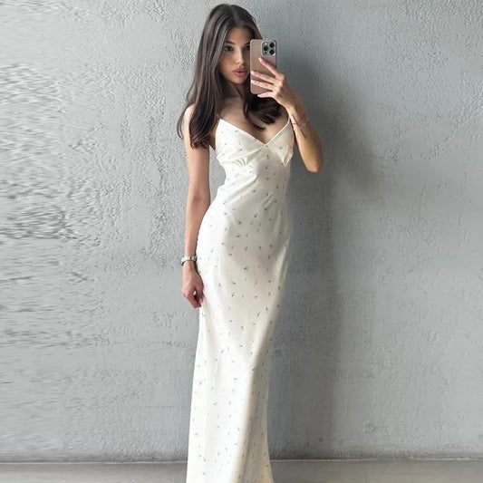 Spaghetti Strap V Neck Backless Split Long Dresses Elegant Satin Floral Dresses for Woman for Party