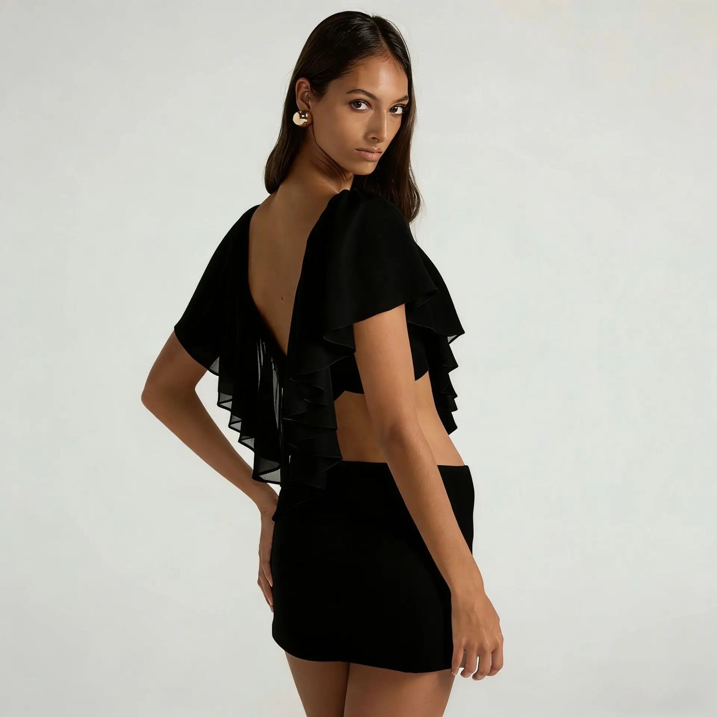 Sexy Two Piece Set Woman Summer Outfits 2026 V Neck Backless Ruffled Mesh Crop Top and Mini Skirt Sets