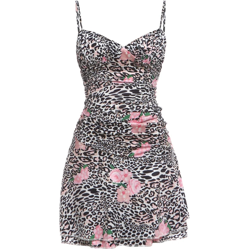 Sexy Leopard Print Sling Dress Woman Summer Trend Low-Neck Backless Hot Girls High Street Fashion Style Mini Bodyco