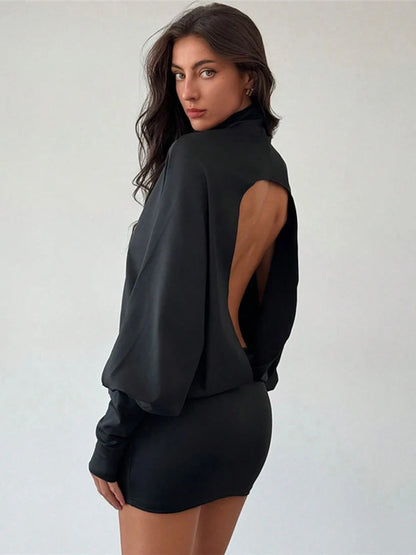 Solid Backless Dress Women Turtleneck Lantern Sleeve High Elasticity Sexy Simple Classic Street Prom Party Mini Bodycon