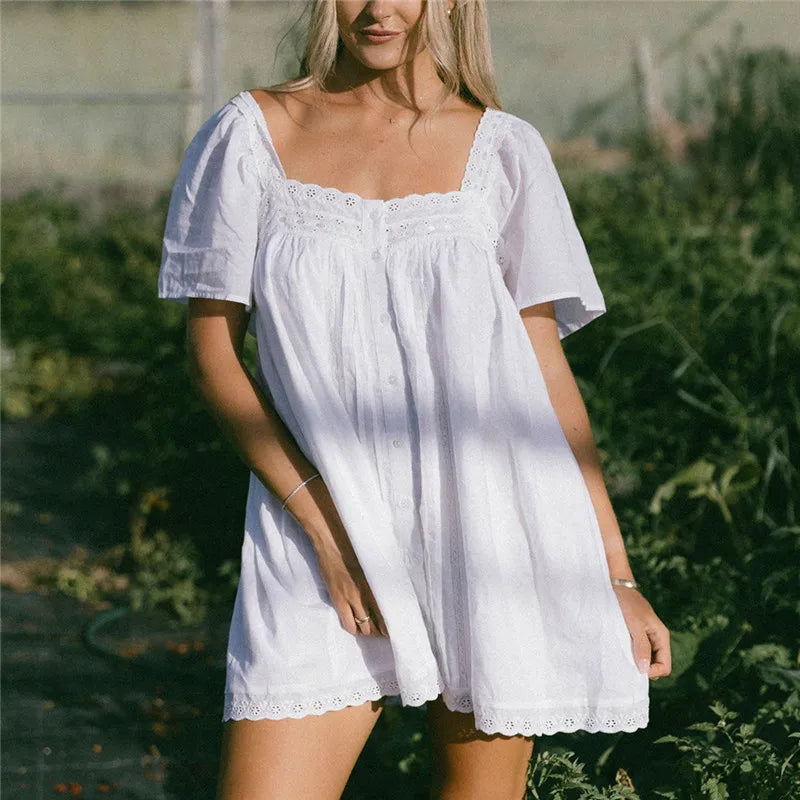 Square Neck Eyelet Lace Mini Dress Women Flutter Short Sleeve Front Button Pleated Loose Babydoll Summer Vacation Dress