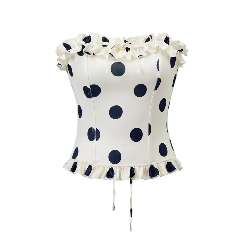 Summer Coquette Polka Dot Bustier Women Ruffle Strapless Lace Up Back Corset Crop Top Slim Bodycon Tube Top Beach Outfit