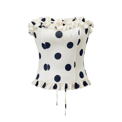 Summer Coquette Polka Dot Bustier Women Ruffle Strapless Lace Up Back Corset Crop Top Slim Bodycon Tube Top Beach Outfit
