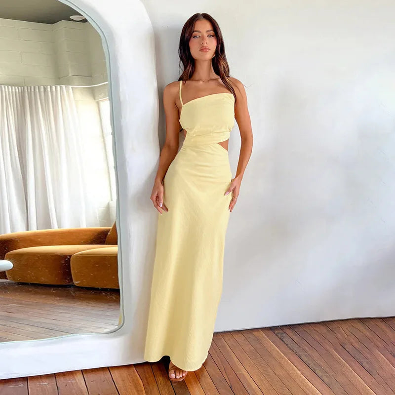 Women Vacation Outfit Club Party Long Skirt Summer Retro Vest Elegant Sexy Hollow Backless Pleated Long Dress