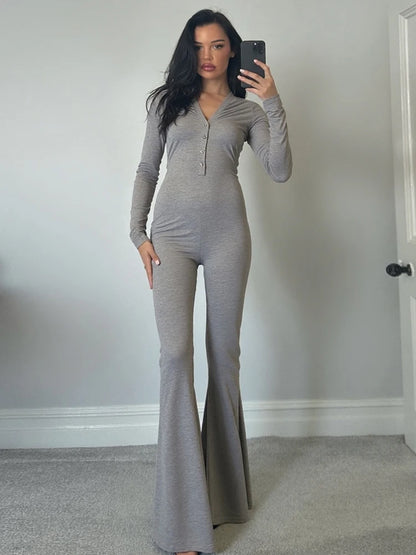 Sexy Flare Jumpsuit Women Long Sleeve V-Neck Single-Breasted Solid Sporty Commute Stretchy Skinny Elegant Overalls