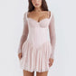 Lace Mesh Backless Sexy Mini Dress For Women Zipper Fishbone Square Collar Long Sleeve Ruched Club Party Dress New