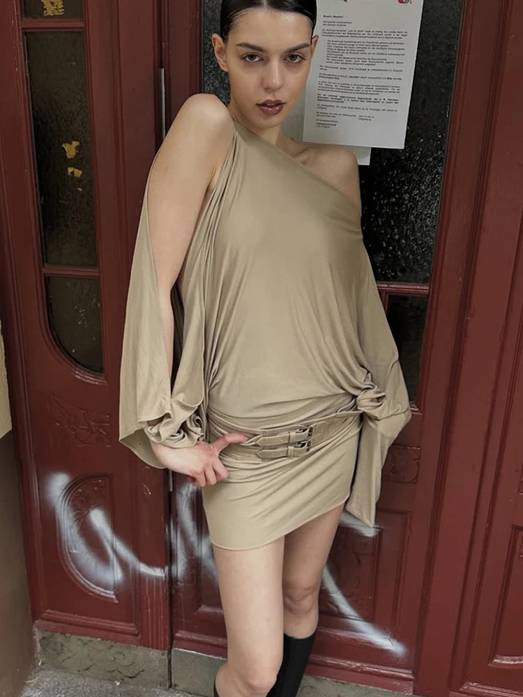 Split Long Sleeve Dress Women Autumn Trend Slanted Collar Belt Buckle Solid Skinny Stretch Simple Party Mini Bodycon