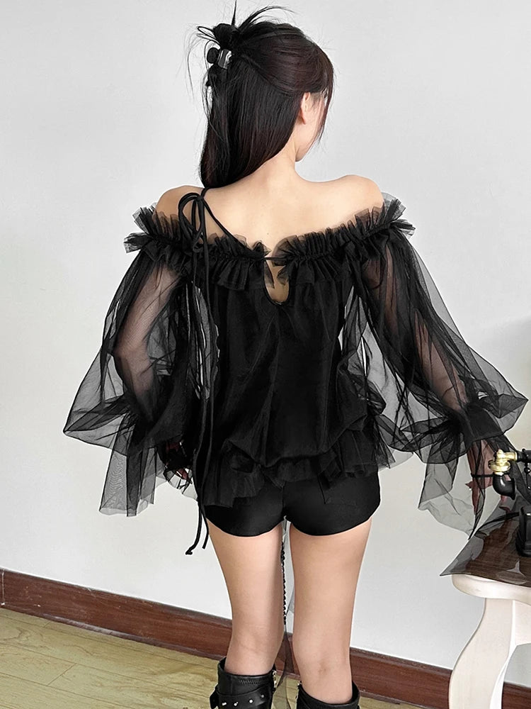 Sexy Mesh Dress Women Slash Neck Edible Tree Fungus Patchwork Bandage Hollow Ribbon Midnight Street Party Clubwear