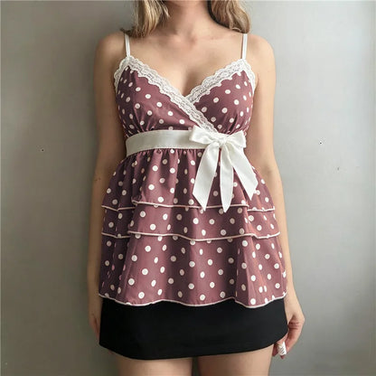 Women Polka Dot Cami Top Bow Lace Trim V Neck Tiered Layer Ruffle Babydoll Sleeveless Backless Smocked Peplum Camisole