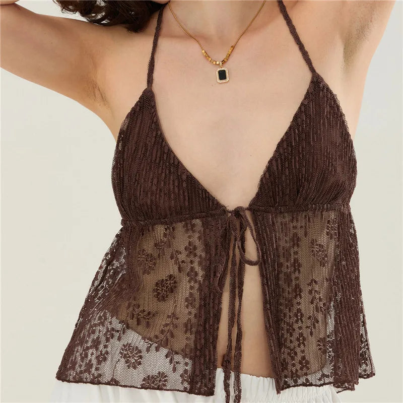 Summer Women Y2K Lace Shirt Sexy Halter Neck Deep V Neck Crop Top Tie Front Sleeveless Strappy Cami Shirt Streetwear